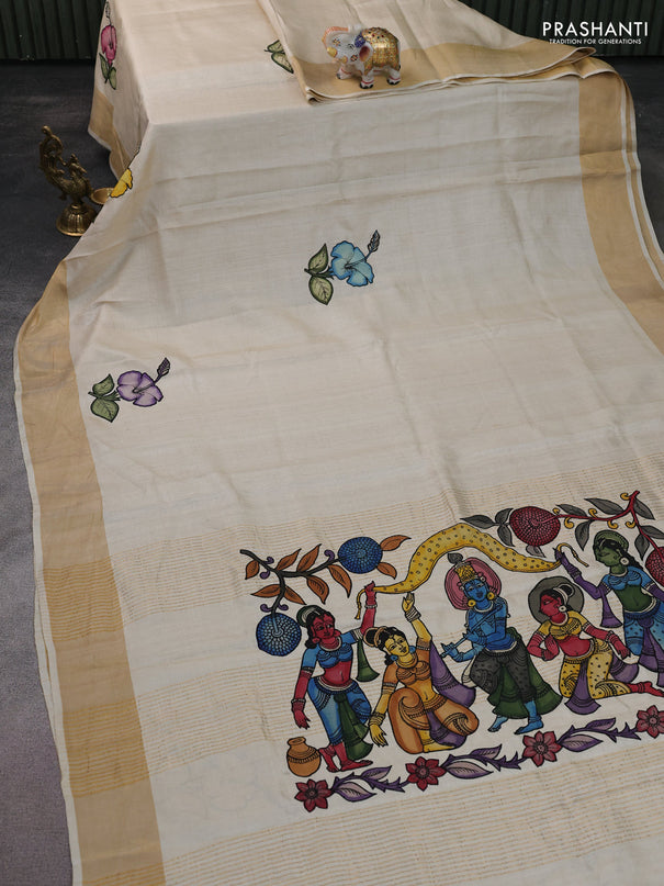 Pure tussar silk saree cream with kalamkari applique work