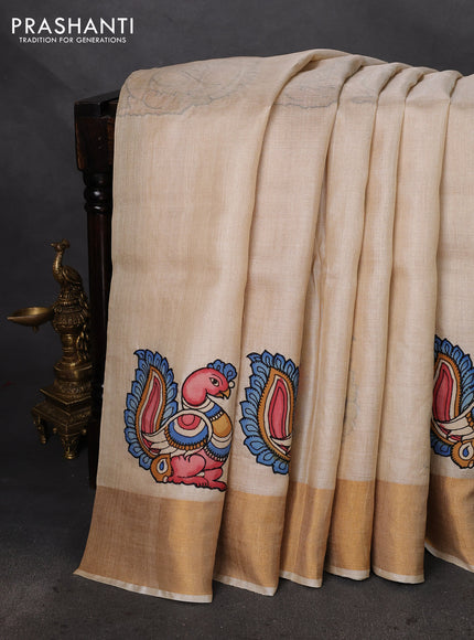 Pure tussar silk saree cream with kalamkari applique work