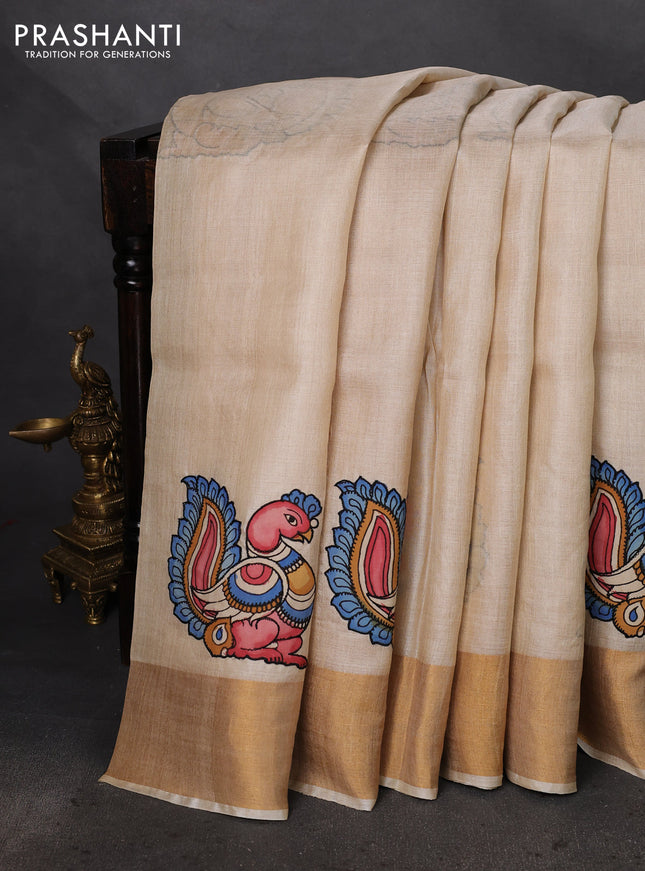 Pure tussar silk saree cream with kalamkari applique work