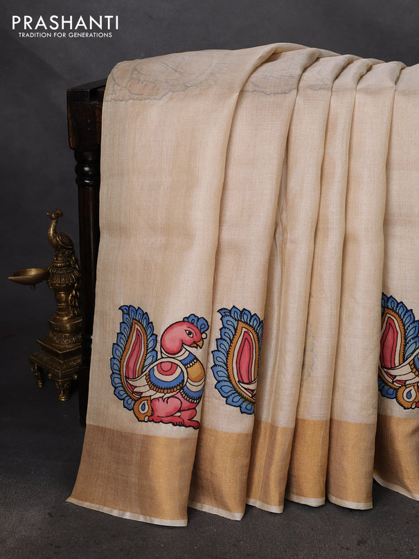 Pure tussar silk saree cream with kalamkari applique work