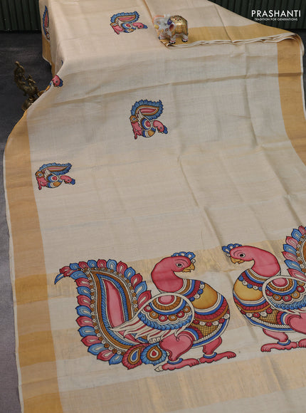 Pure tussar silk saree cream with kalamkari applique work