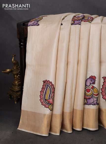 Pure tussar silk saree cream with kalamkari applique work
