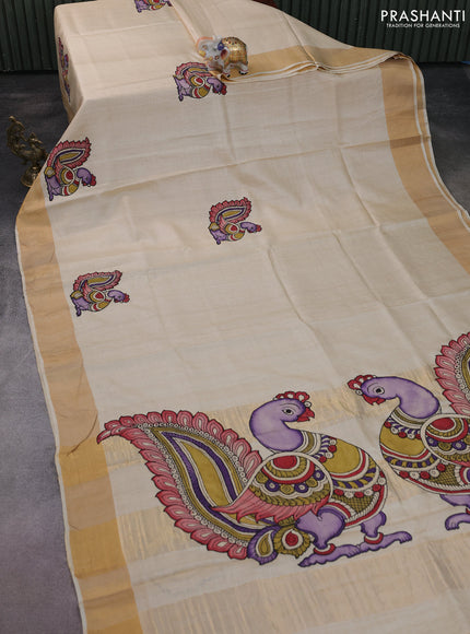 Pure tussar silk saree cream with kalamkari applique work