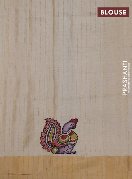 Pure tussar silk saree cream with kalamkari applique work