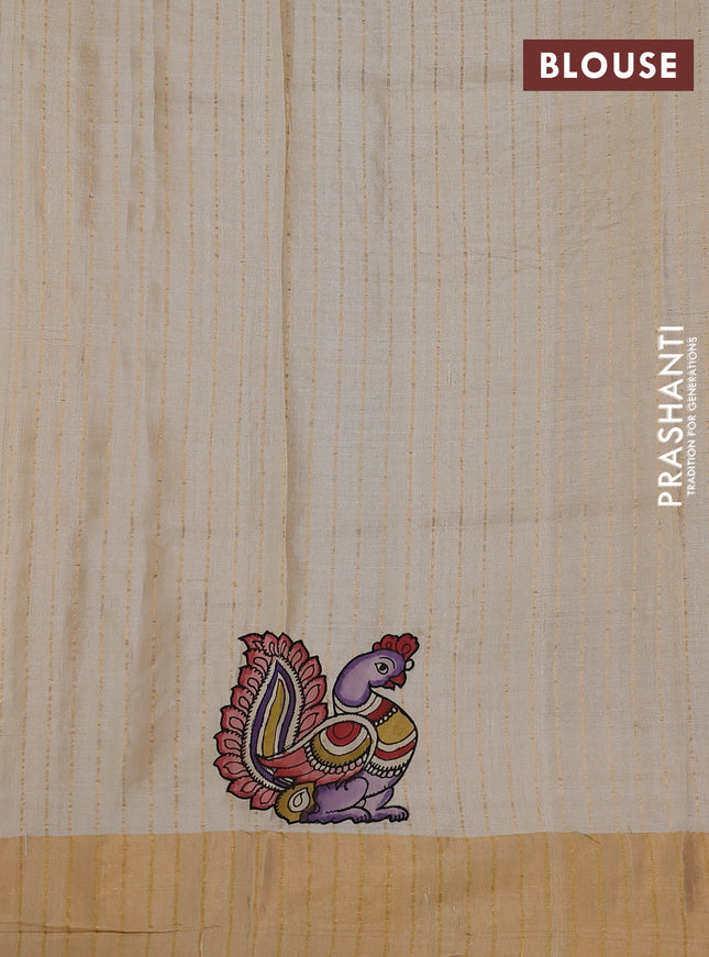 Pure tussar silk saree cream with kalamkari applique work