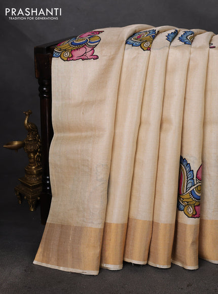 Pure tussar silk saree cream with kalamkari applique work