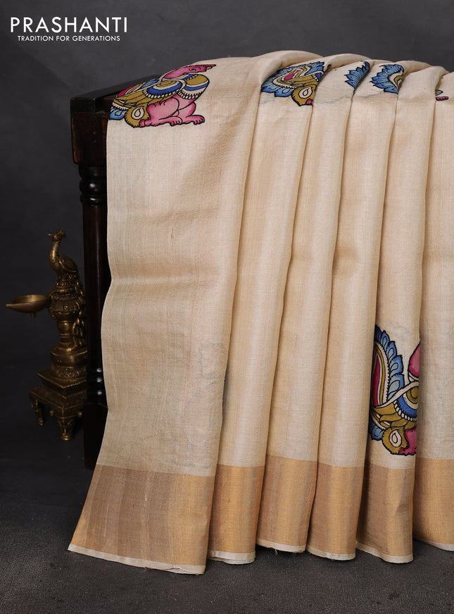 Pure tussar silk saree cream with kalamkari applique work