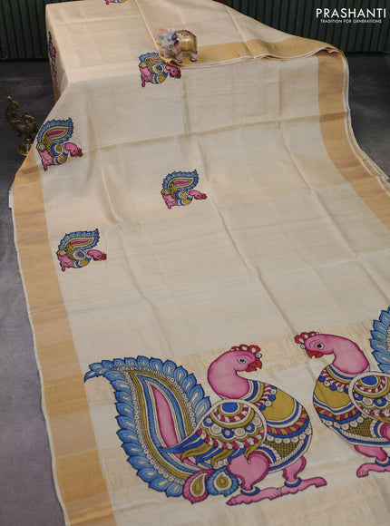 Pure tussar silk saree cream with kalamkari applique work