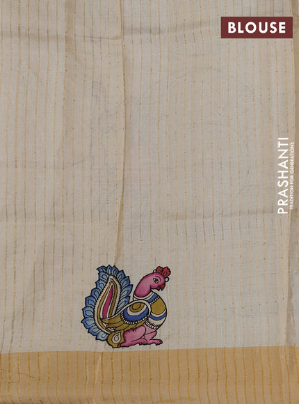 Pure tussar silk saree cream with kalamkari applique work