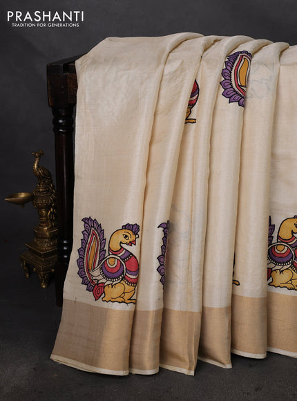 Pure tussar silk saree cream with kalamkari applique work