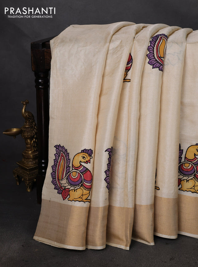 Pure tussar silk saree cream with kalamkari applique work