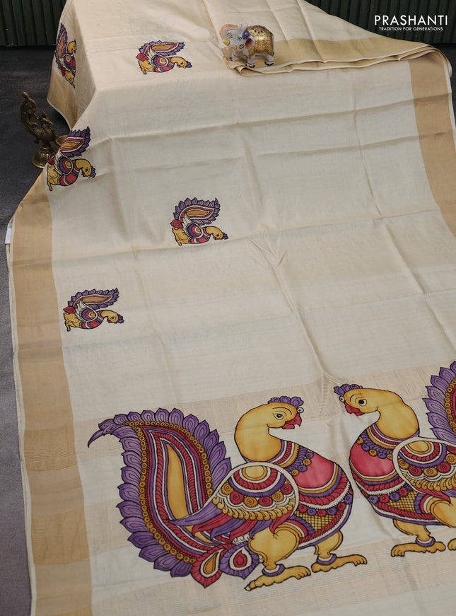 Pure tussar silk saree cream with kalamkari applique work