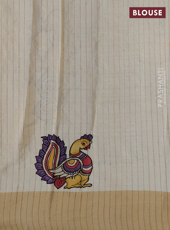 Pure tussar silk saree cream with kalamkari applique work