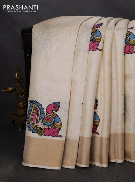 Pure tussar silk saree cream with kalamkari applique work