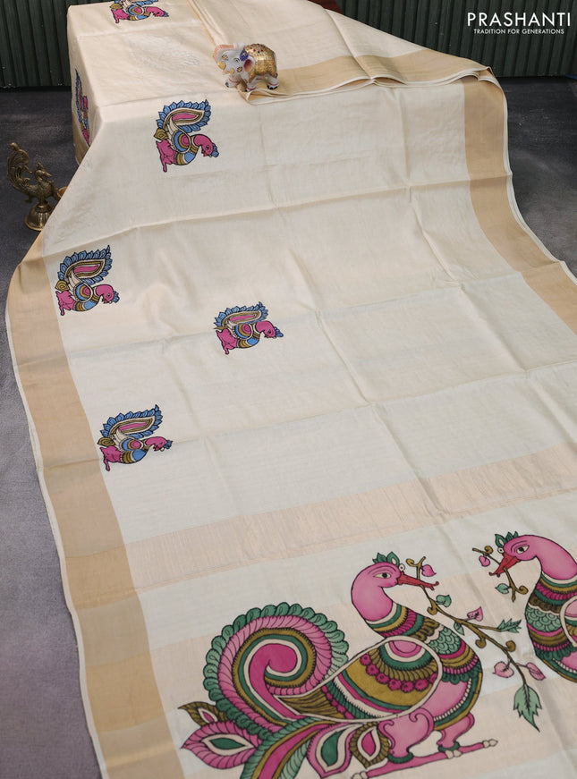Pure tussar silk saree cream with kalamkari applique work