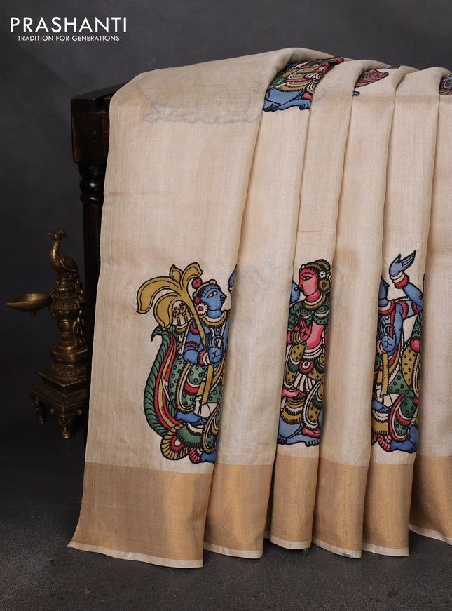 Pure tussar silk saree cream with kalamkari applique work
