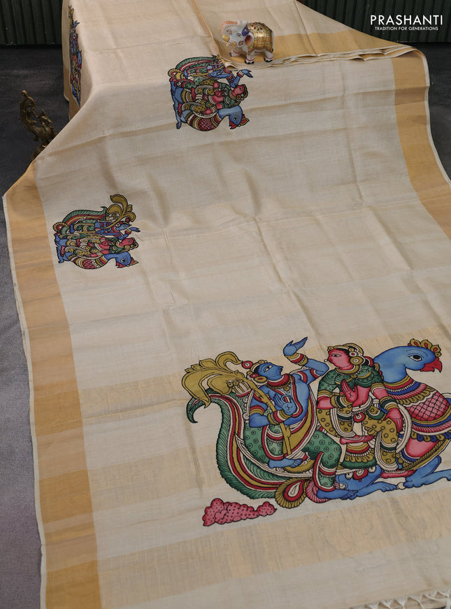 Pure tussar silk saree cream with kalamkari applique work