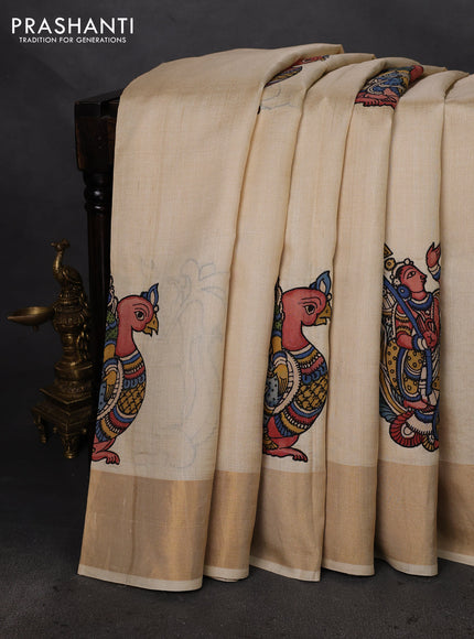 Pure tussar silk saree cream with kalamkari applique work