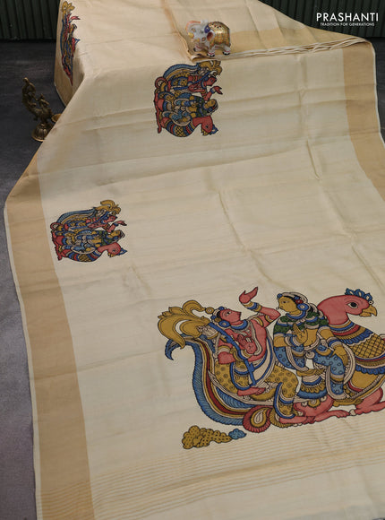 Pure tussar silk saree cream with kalamkari applique work