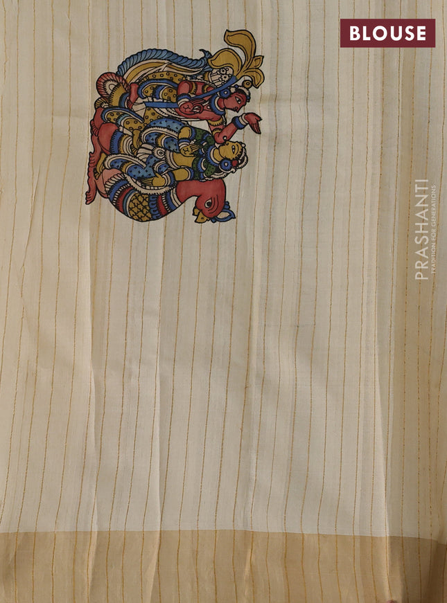 Pure tussar silk saree cream with kalamkari applique work