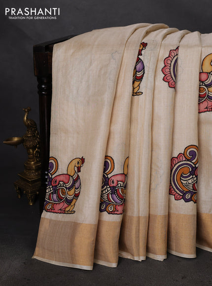 Pure tussar silk saree cream with kalamkari applique work