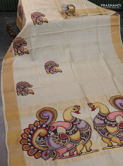 Pure tussar silk saree cream with kalamkari applique work