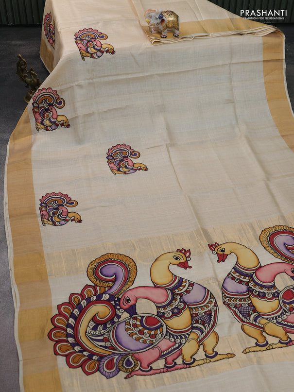 Pure tussar silk saree cream with kalamkari applique work