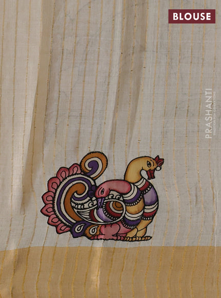 Pure tussar silk saree cream with kalamkari applique work
