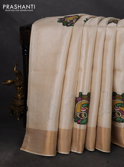 Pure tussar silk saree cream with kalamkari applique work