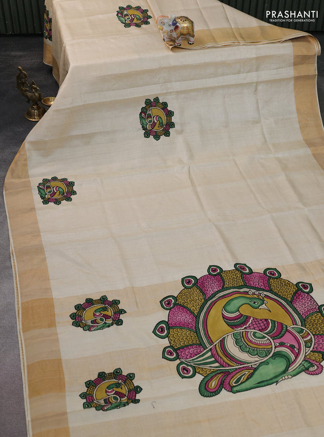 Pure tussar silk saree cream with kalamkari applique work