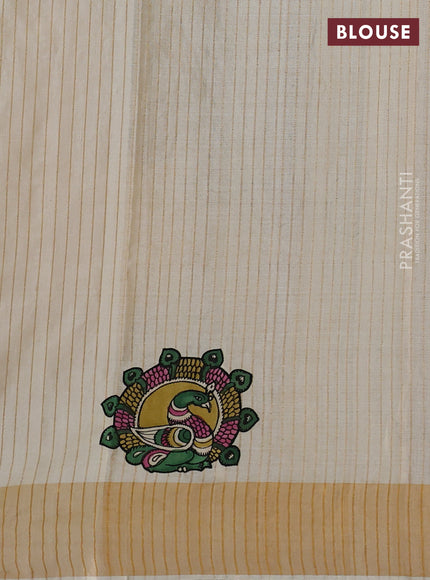 Pure tussar silk saree cream with kalamkari applique work