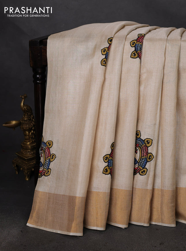 Pure tussar silk saree cream with kalamkari applique work