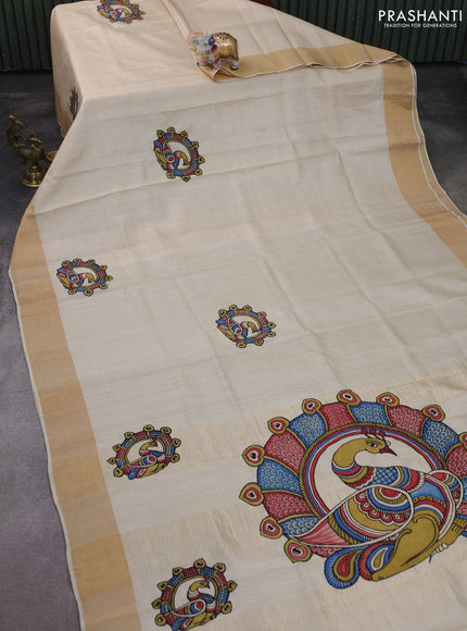 Pure tussar silk saree cream with kalamkari applique work