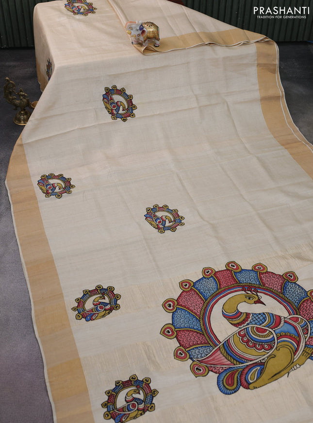 Pure tussar silk saree cream with kalamkari applique work