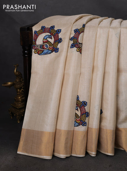 Pure tussar silk saree cream with kalamkari applique work