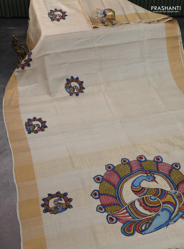 Pure tussar silk saree cream with kalamkari applique work