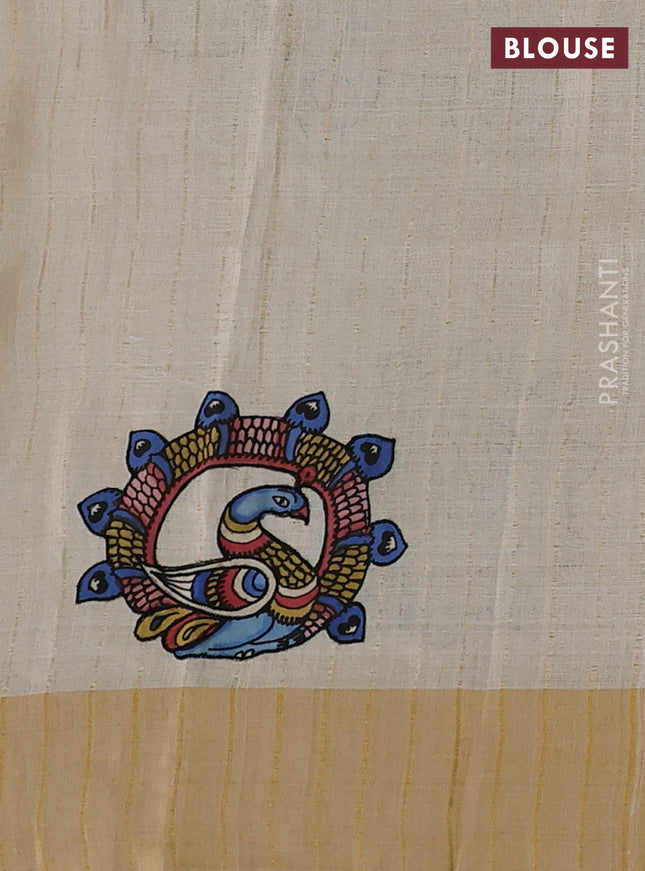 Pure tussar silk saree cream with kalamkari applique work