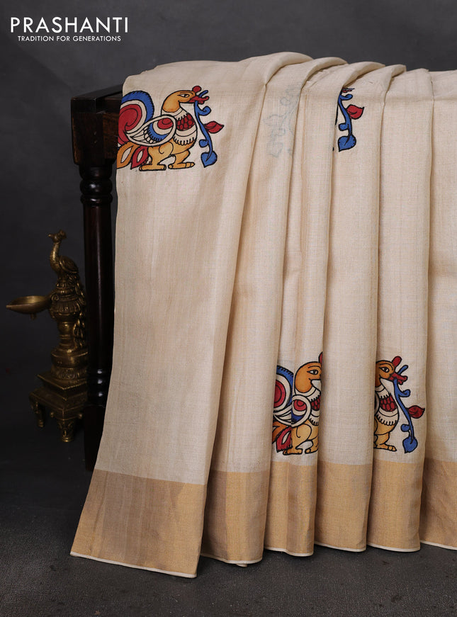 Pure tussar silk saree cream with kalamkari applique work
