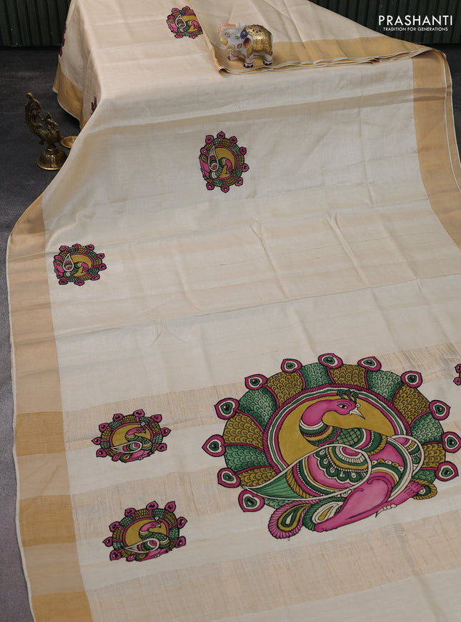 Pure tussar silk saree cream with kalamkari applique work