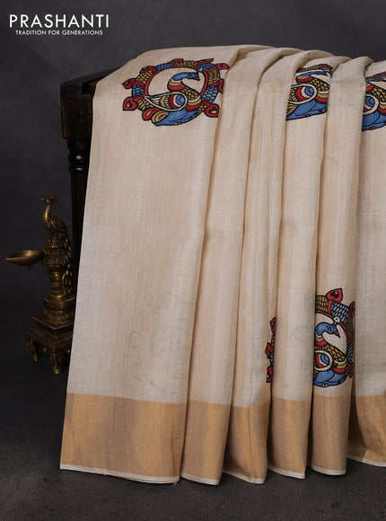 Pure tussar silk saree cream with kalamkari applique work