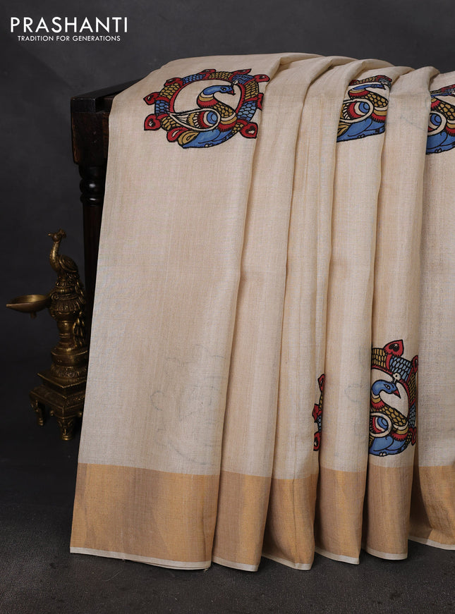 Pure tussar silk saree cream with kalamkari applique work