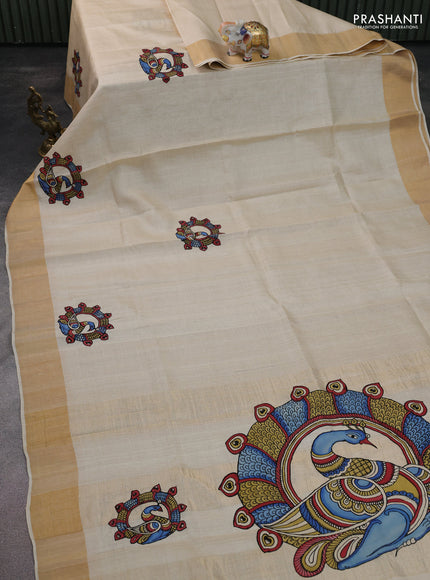 Pure tussar silk saree cream with kalamkari applique work