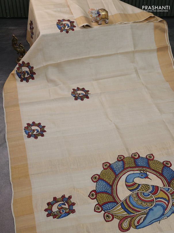 Pure tussar silk saree cream with kalamkari applique work