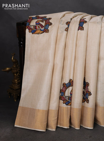 Pure tussar silk saree cream with kalamkari applique work