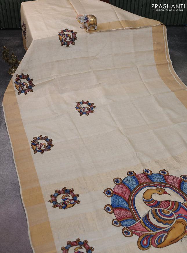 Pure tussar silk saree cream with kalamkari applique work