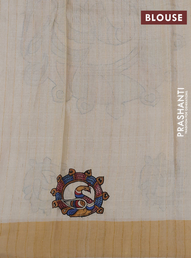 Pure tussar silk saree cream with kalamkari applique work