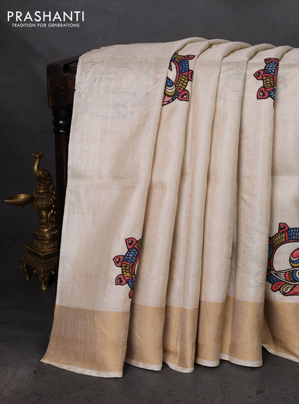 Pure tussar silk saree cream with kalamkari applique work