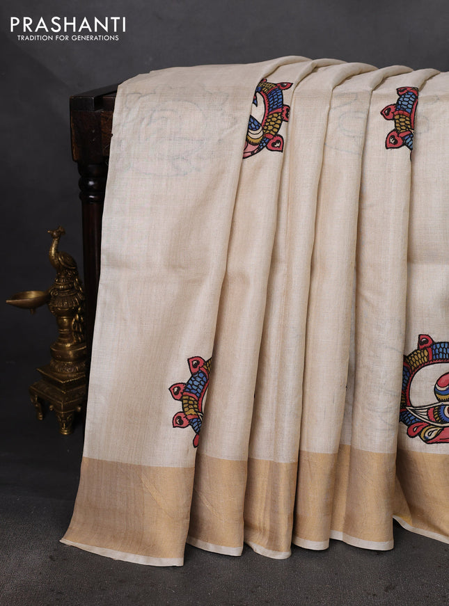 Pure tussar silk saree cream with kalamkari applique work