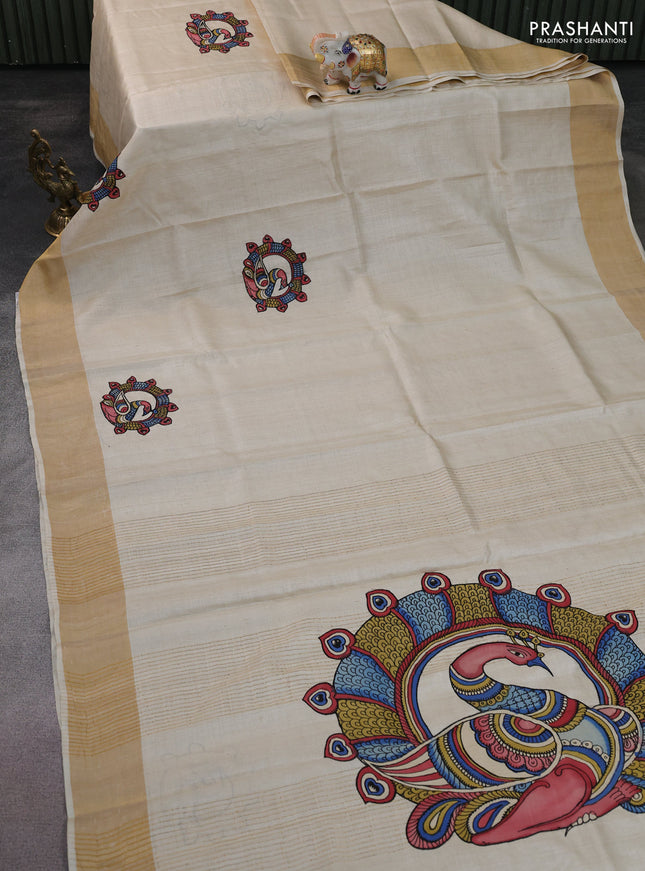 Pure tussar silk saree cream with kalamkari applique work
