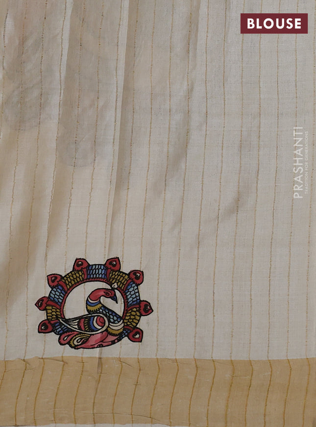 Pure tussar silk saree cream with kalamkari applique work